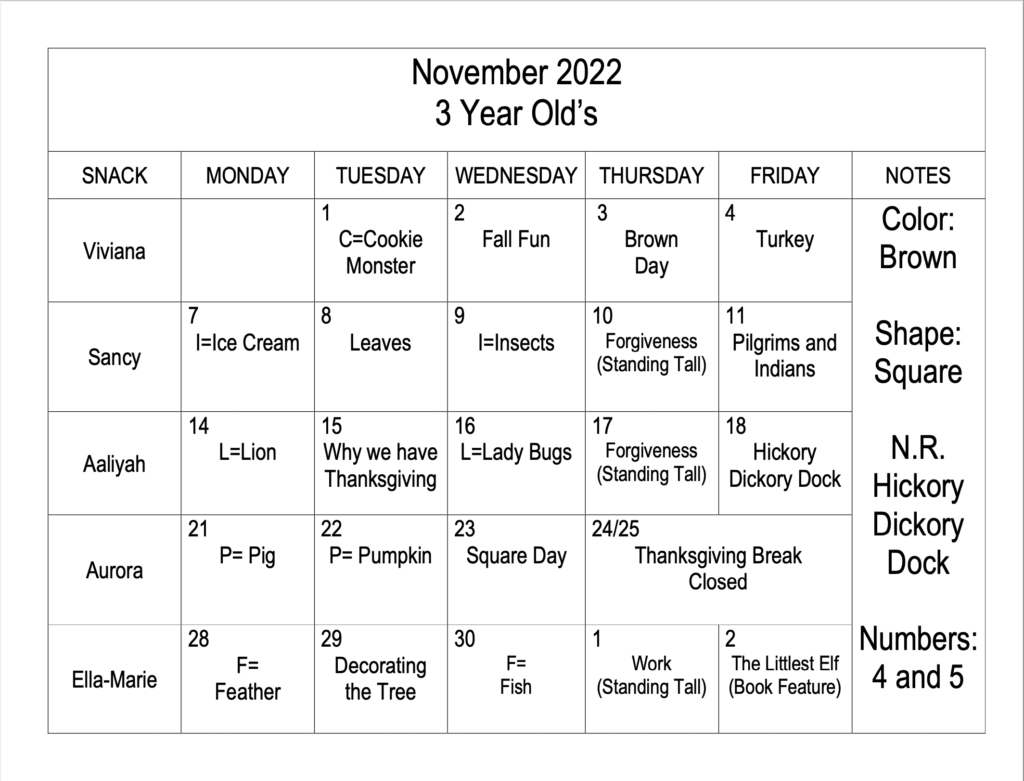 KidsZone Childcare November 2022 3 year old's calendar