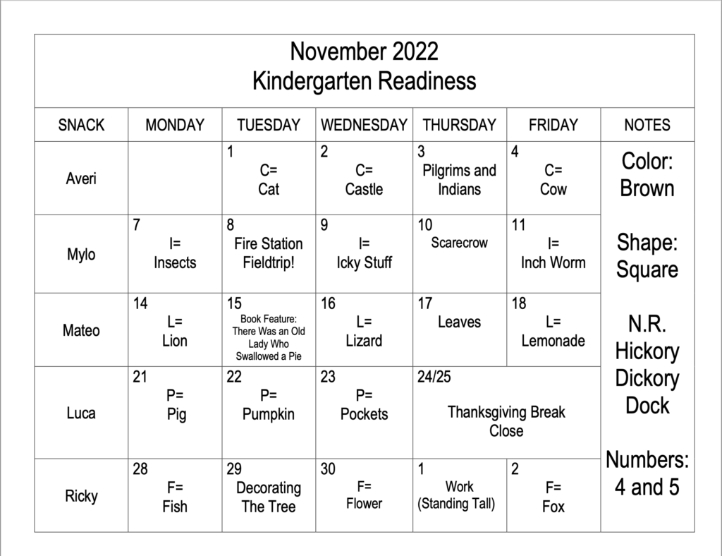KidsZone Childcare November 2022 4 year old's calendar